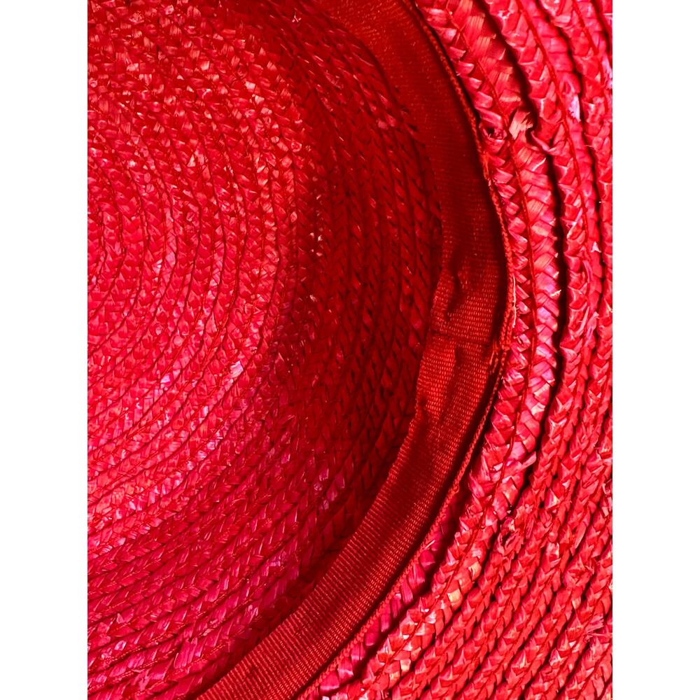 Bright Red Women's Derby Wide Brim Straw Embellished Hat Satin Band Fabric Rose - Picture 8 of 8